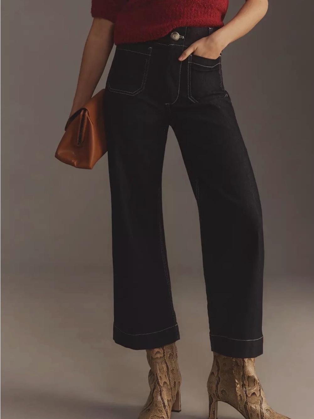 Anthropologie Maeve The Colette High Rise Wide Leg Cropped Pants Black Contrast